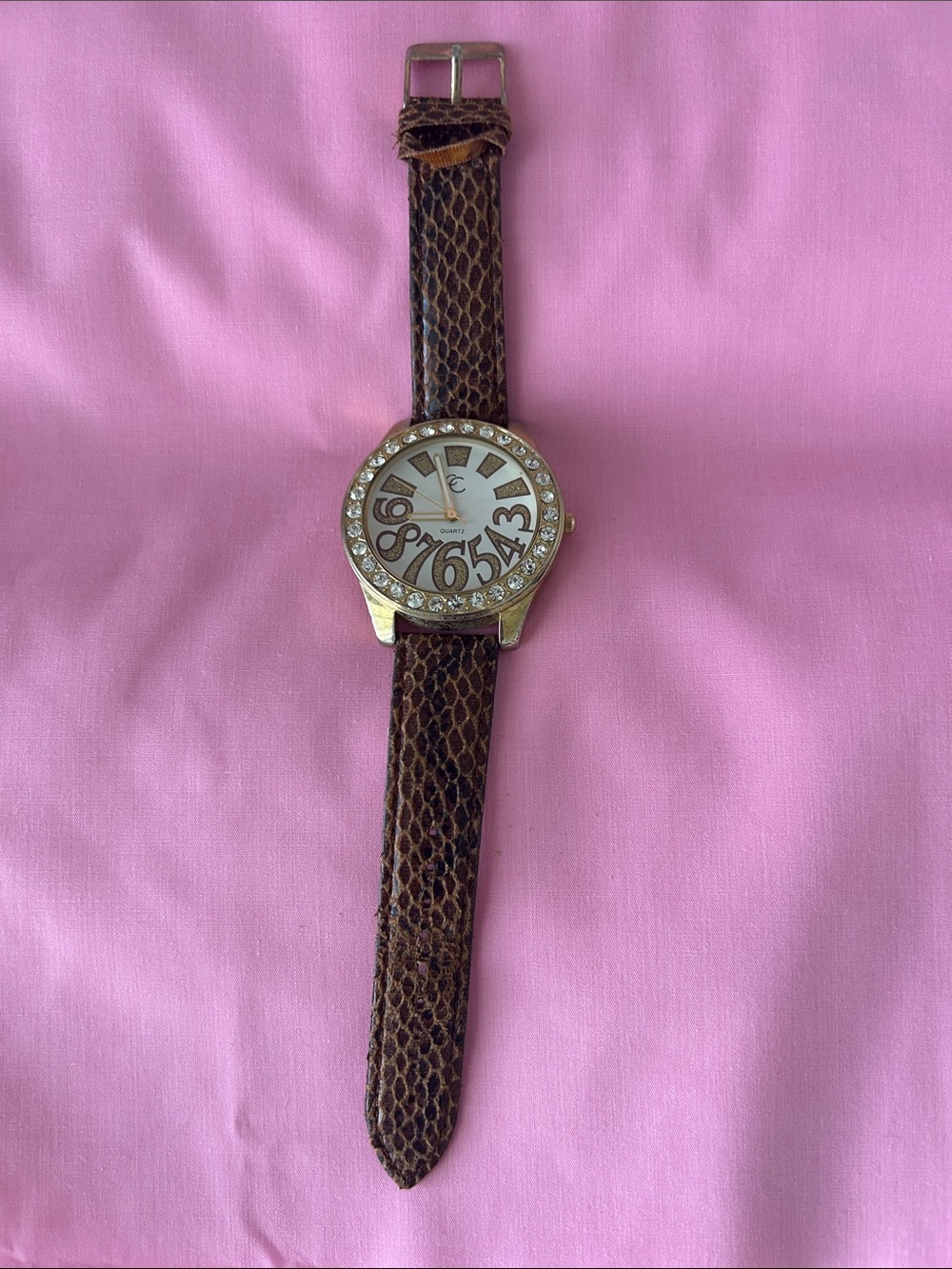 Charming Charlies Gold-Tone Watch with Brown Textured Strap and Crystal Bezel